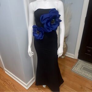 Strapless Black Evening Gown bandage dress with Royal Blue Floral Appliqués